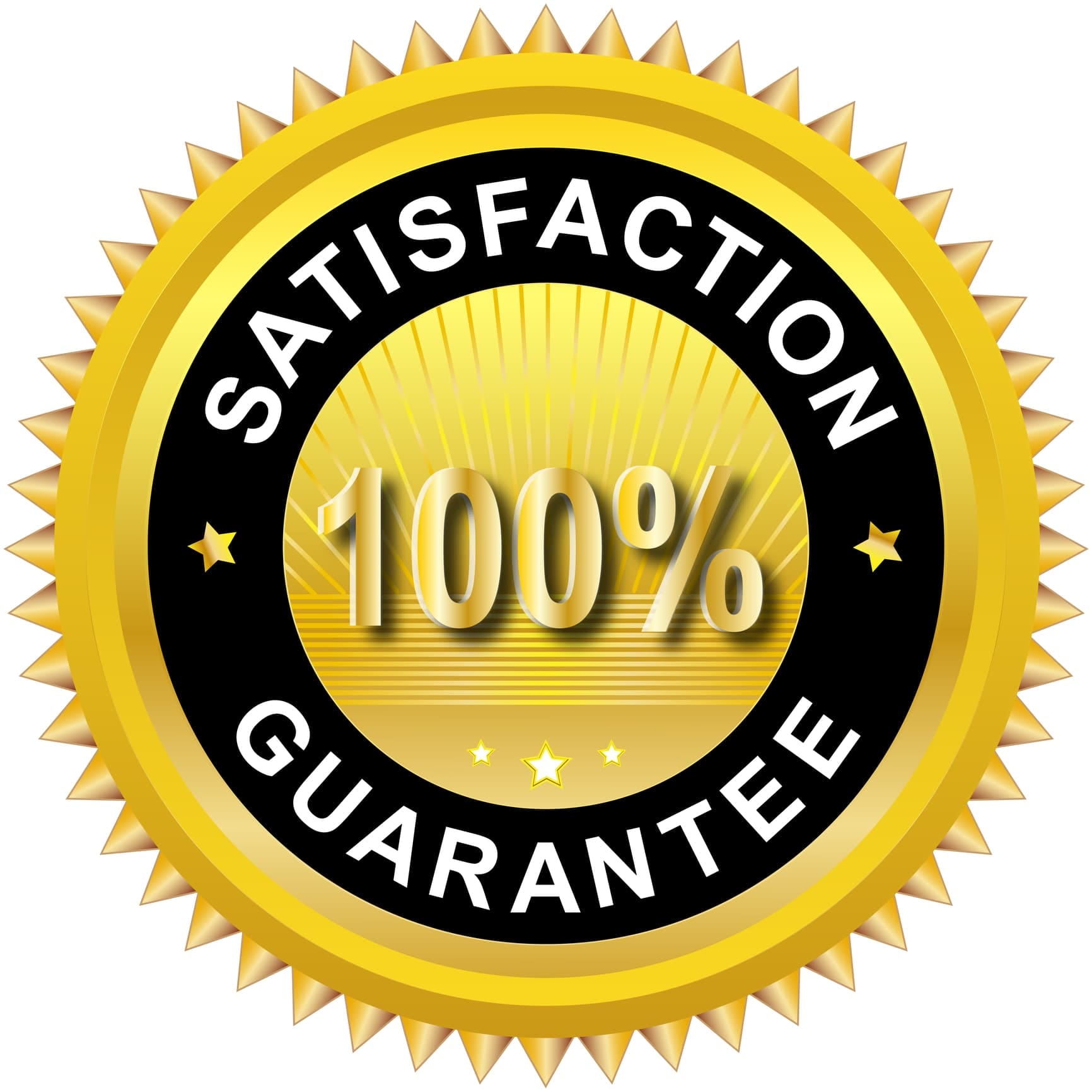 Gold satisfaction guarantee seal, 100% assurance.