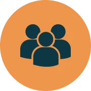 Icon of three silhouettes in orange circle.