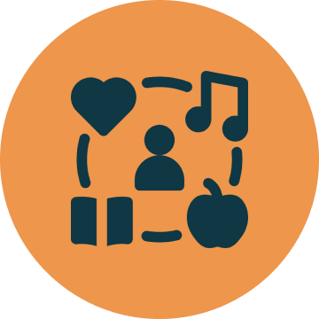 Icons of heart, music, book, apple, person.