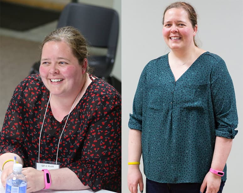 Smiling woman in two different outfits.